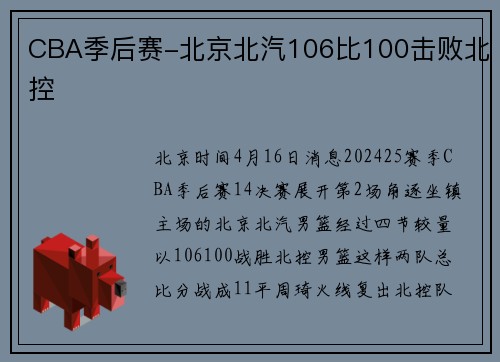 CBA季后赛-北京北汽106比100击败北控
